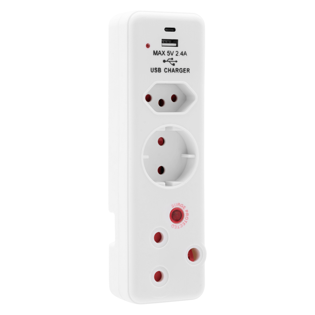 Ellies 3 Way Medium Surge adaptor Schuko,with type C + USB