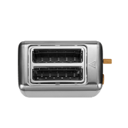 Boden Stark Anson Collection stainless steel toaster with two slots and red oak knobs for stylish kitchen elegance.