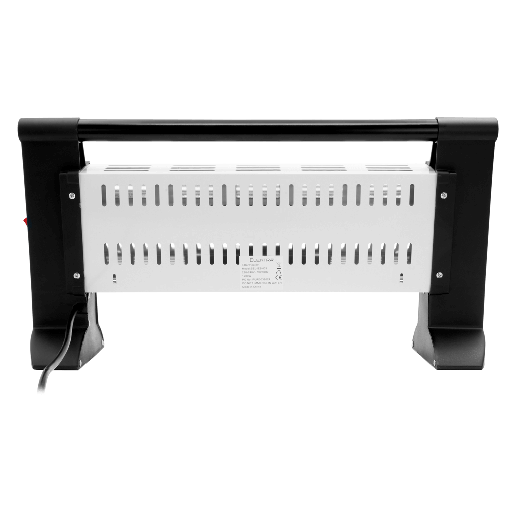 Elektra 3 Bar Heater rear view, compact design with safety features and easy carry handle for small spaces.