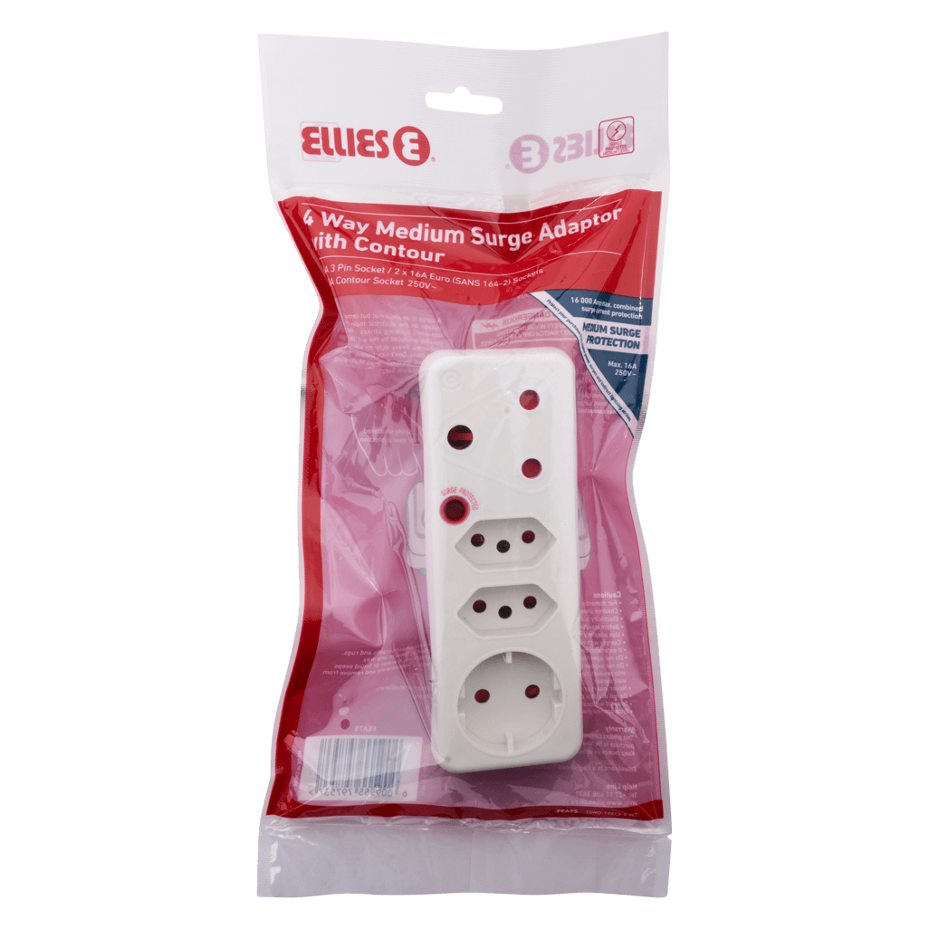 Ellies 4 Way Medium Surge adaptor with Schuko - White
