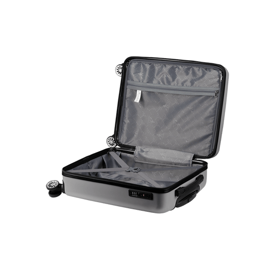Open Travelwize Maple ABS 85cm 4-wheels spinner luggage in silver, showcasing spacious interior and organizational pockets.