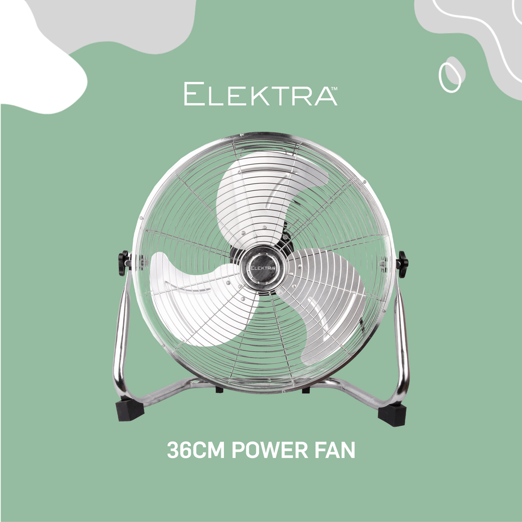 Elektra 36cm Power Fan with chrome finish for optimal airflow and modern design, perfect for cooling any space.