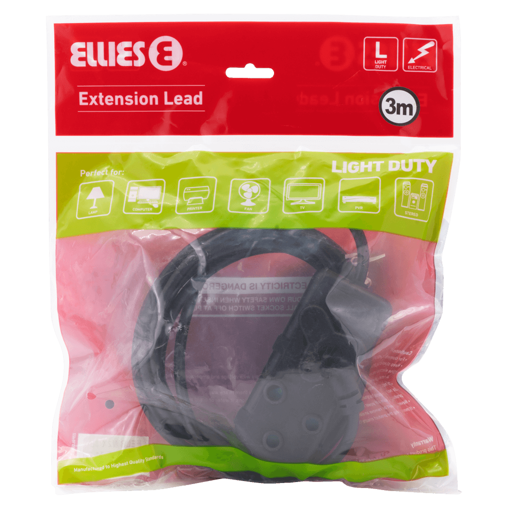 Ellies Side by Side Light Duty Extension Lead-3M-BK