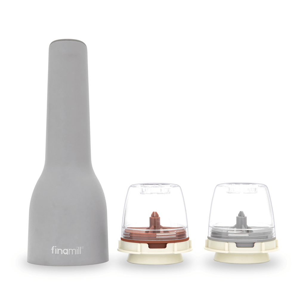 FINAMILL rechargeable gray spice grinder with two interchangeable grinding containers.