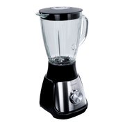 ELEKTRA 500W 1.5L Glass Jug Blender showing sleek design, stainless steel base, and control knob for blending.