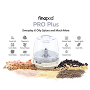 FinaPod Pro Plus spice grinder showcasing various spices like cumin, peppercorns, and sesame seeds.