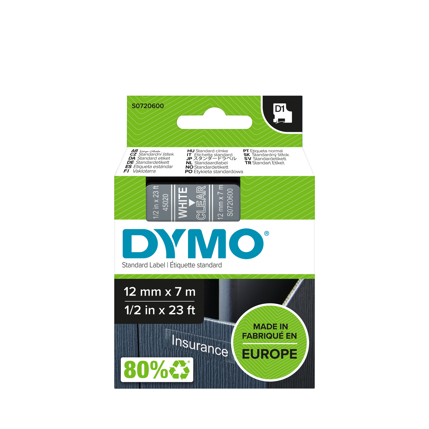 DYMO D1 Labelling Tape -  Removable Polyester - White on Clear - 12mmx7m