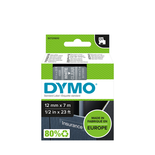 DYMO D1 Labelling Tape -  Removable Polyester - White on Clear - 12mmx7m