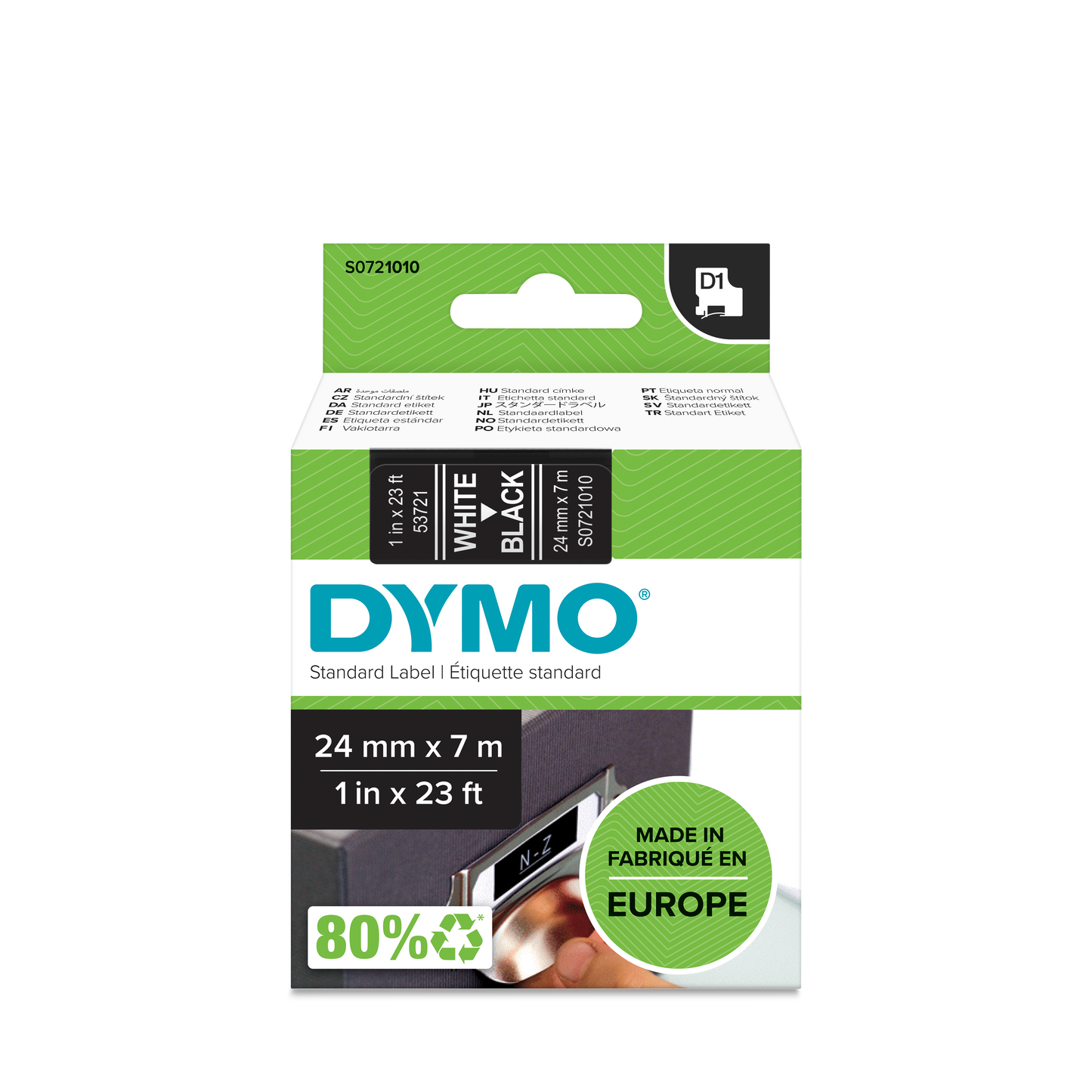 DYMO D1 Labelling Tape -  Removable Polyester - White on Black 24mmx7m