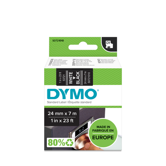 DYMO D1 Labelling Tape -  Removable Polyester - White on Black 24mmx7m
