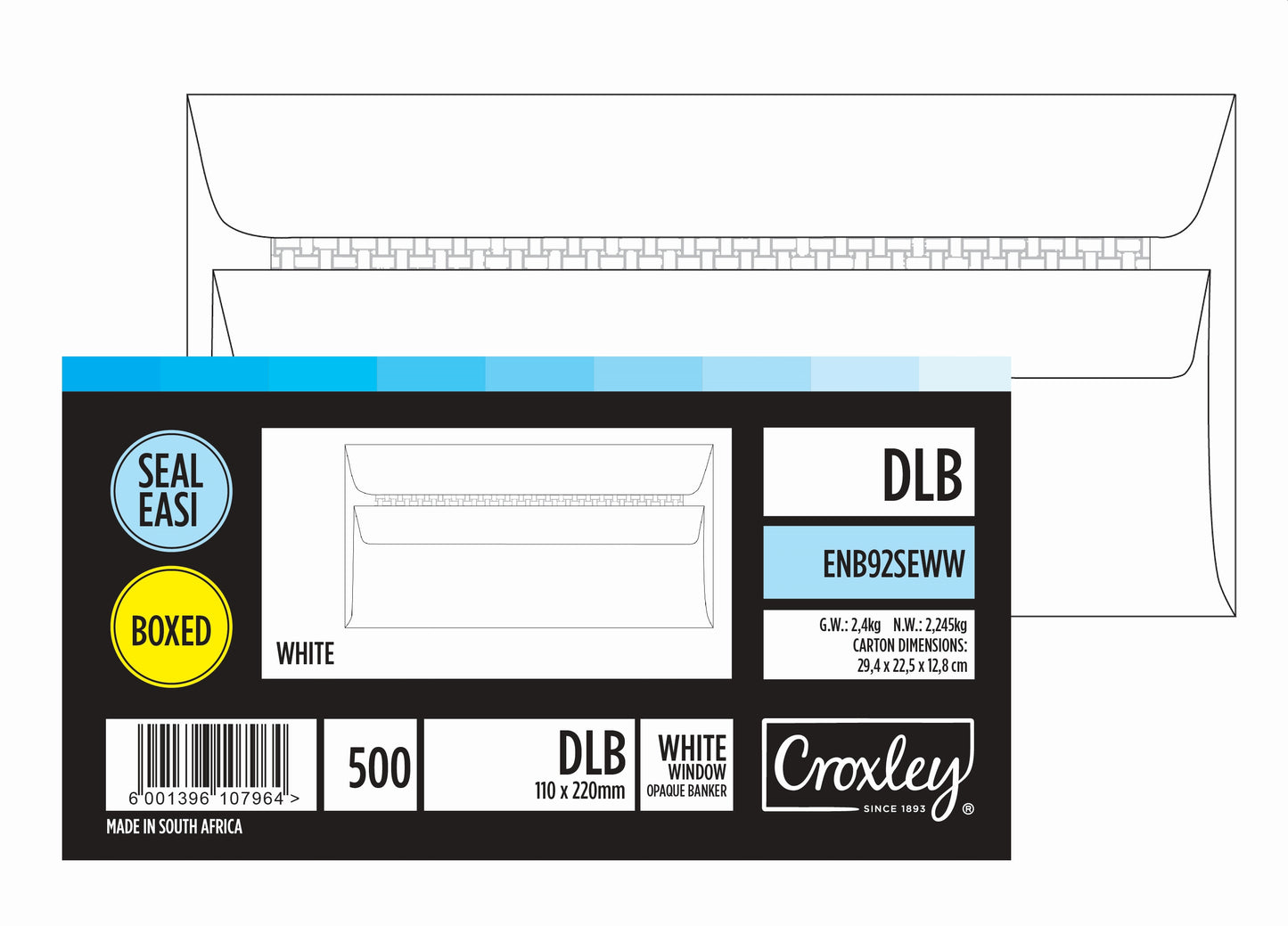 CROXLEY JD92SEWW DLB (Banker) White Window Seal Easi Envelopes - Unbanded (Box of 500)