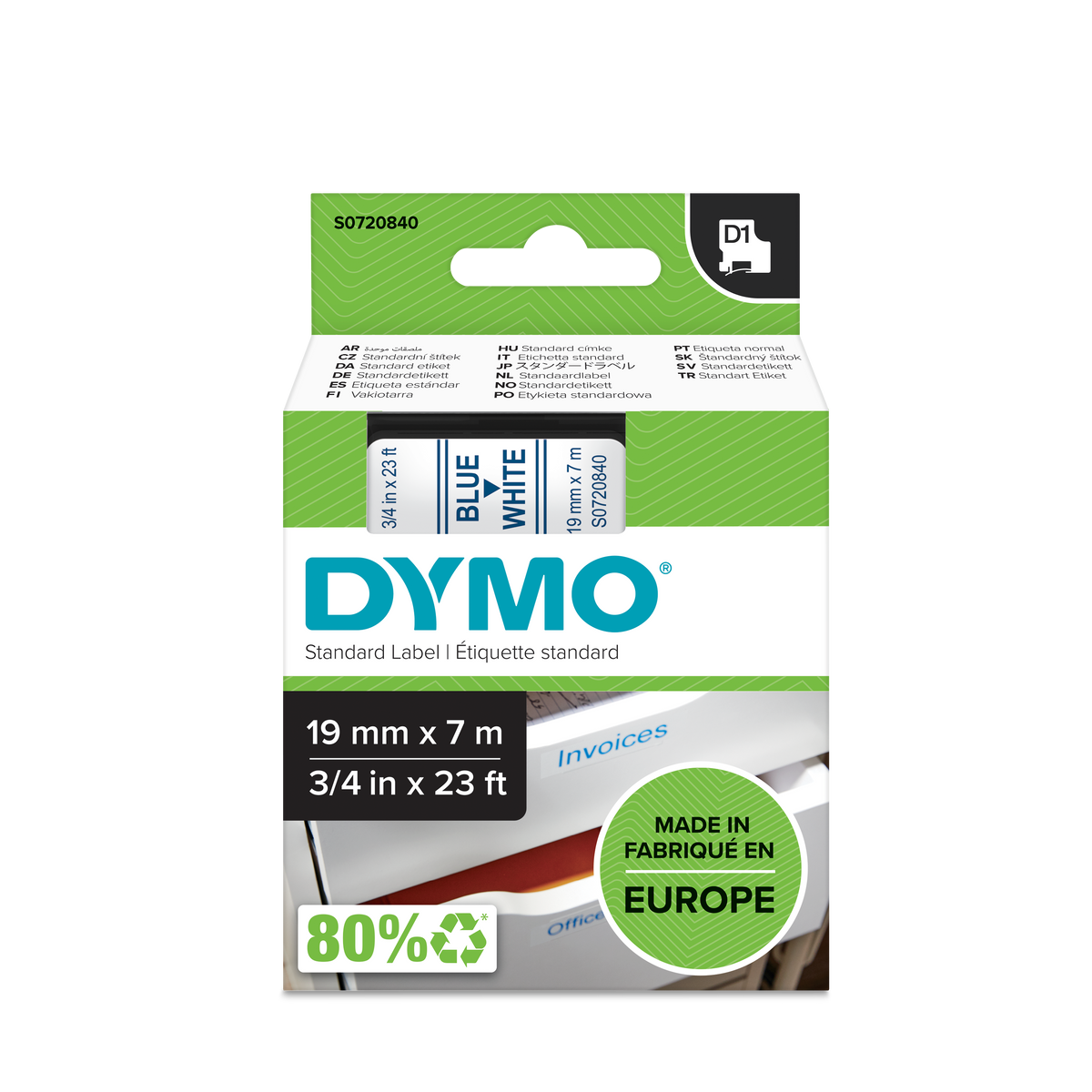 DYMO D1 Labelling Tape -  Removable Polyester - Blue on White - 19mmx7m