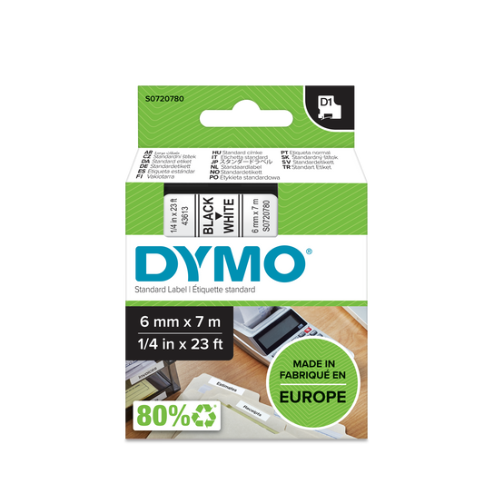 DYMO D1 Labelling Tape -  Removable Polyester - Black on White - 6mmx7m