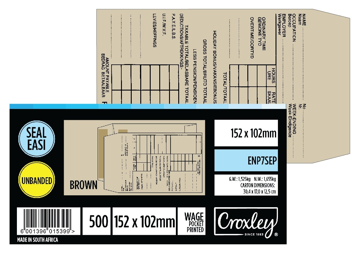 CROXLEY JD7SEP  Printed Wage Pocket - Latex Seal Easi No.7 - 152x102 (Box of 500)