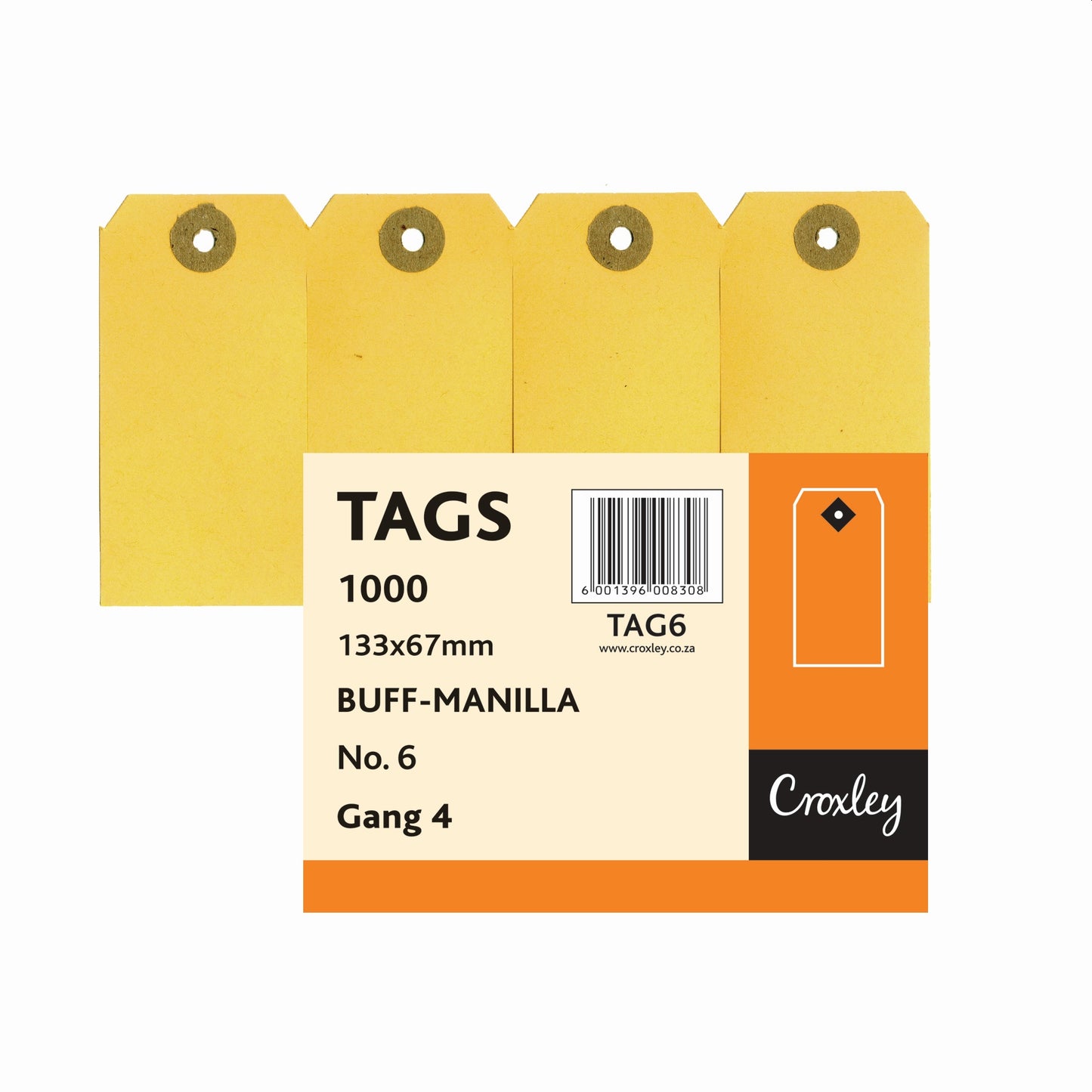 CROXLEY JD6  Buff Manilla Tags Gangs of 4 - No.6 - 133X67 (Box of 1000)