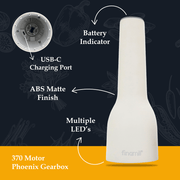 FINAMILL rechargeable grinder in Soft Cream highlighting USB-C port, battery indicator, and 370 motor gearbox features.
