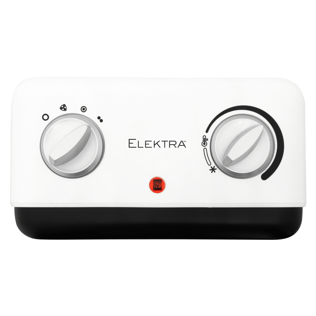 Elektra Square Fan Heater control panel with adjustable knobs and power indicator light.