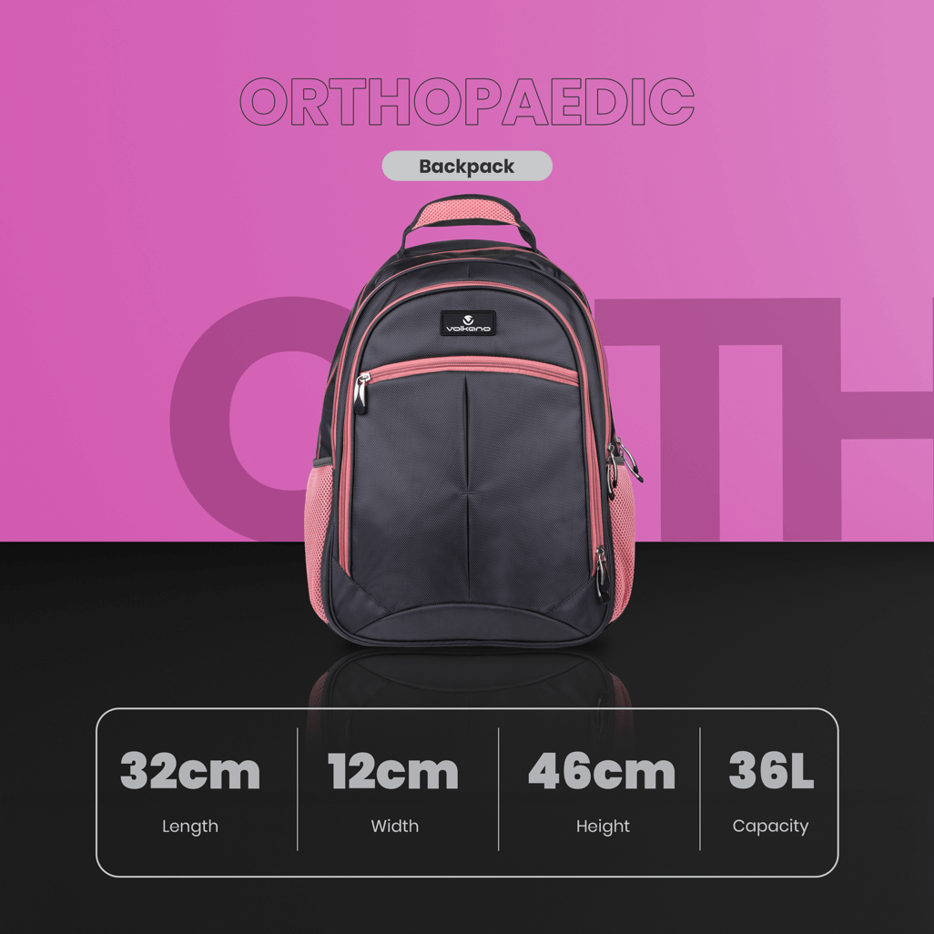 Volkano Orthopaedic Backpack 36L - Dark Grey/ Pink
