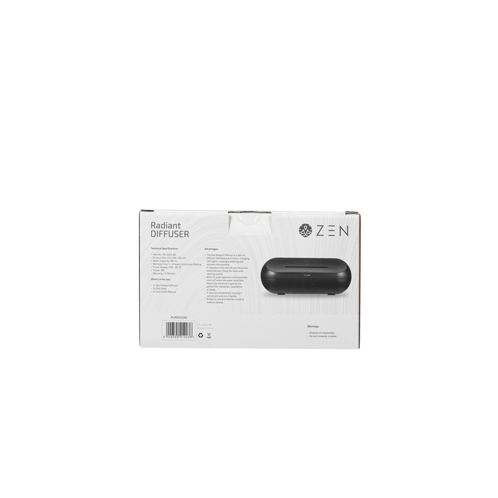 Back view of the Zen Radiant Diffuser in Black, showcasing product details and features.