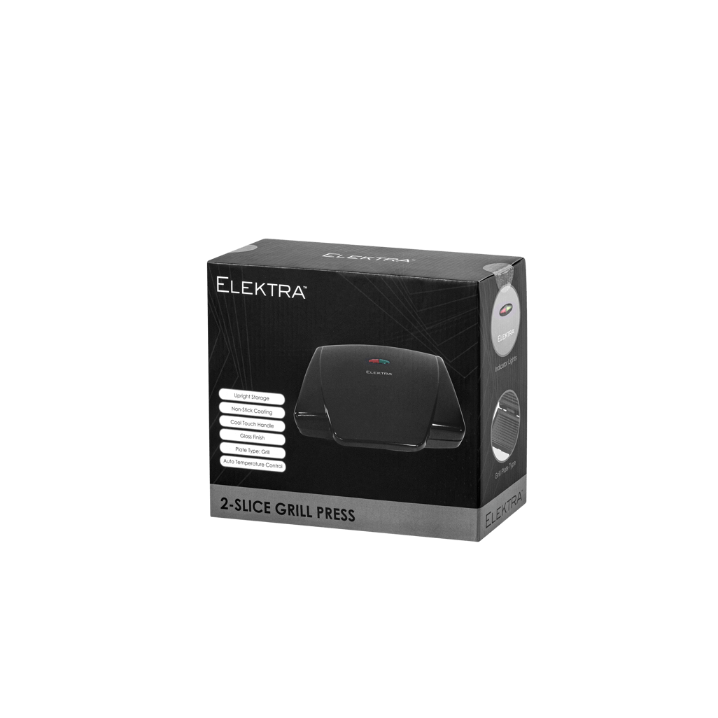 Elektra 2 Slice Grill Press packaging showcasing its features and sleek design.