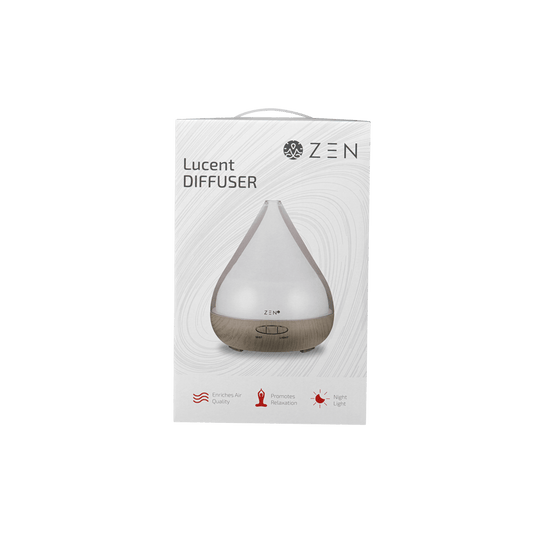 Zen Lucent Diffuser in Grey packaging, designed to enhance air quality and promote relaxation with a night light feature.