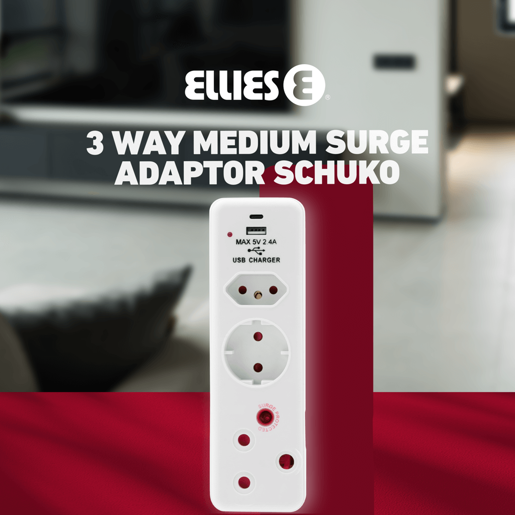 Ellies 3 Way Medium Surge adaptor Schuko,with type C + USB