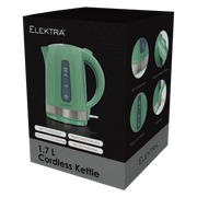ELEKTRA 1.7L cordless kettle in green with features like 360° base and water level indicator.