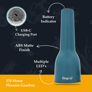 FINAMILL rechargeable grinder in Ocean Blue showcasing USB-C port, battery indicator, and ABS matte finish features.