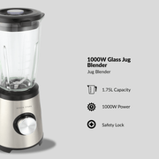 Boden Stark 1000W Glass Jug Blender with 1.75L capacity and safety lock for smoothies and soups.