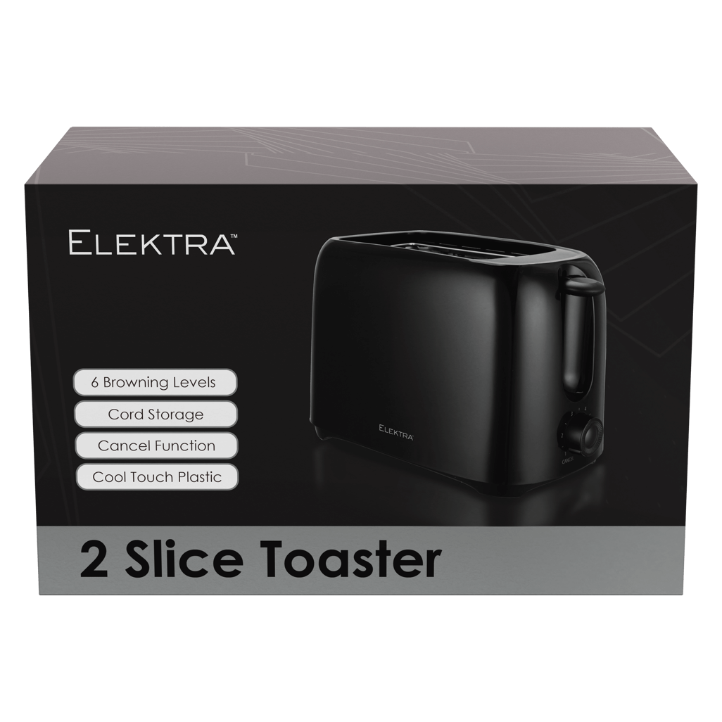 ELEKTRA Basic 700W 2 Slice Toaster in black packaging with features like 6 browning levels and cord storage.