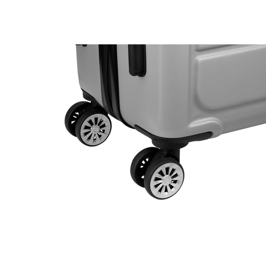 Close-up of Travelwize Maple ABS 75cm silver luggage showing durable 4-wheel spinner design for easy mobility.