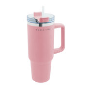 Boden Stark 1200ml pink travel mug with handle and straw, perfect for on-the-go drinks.