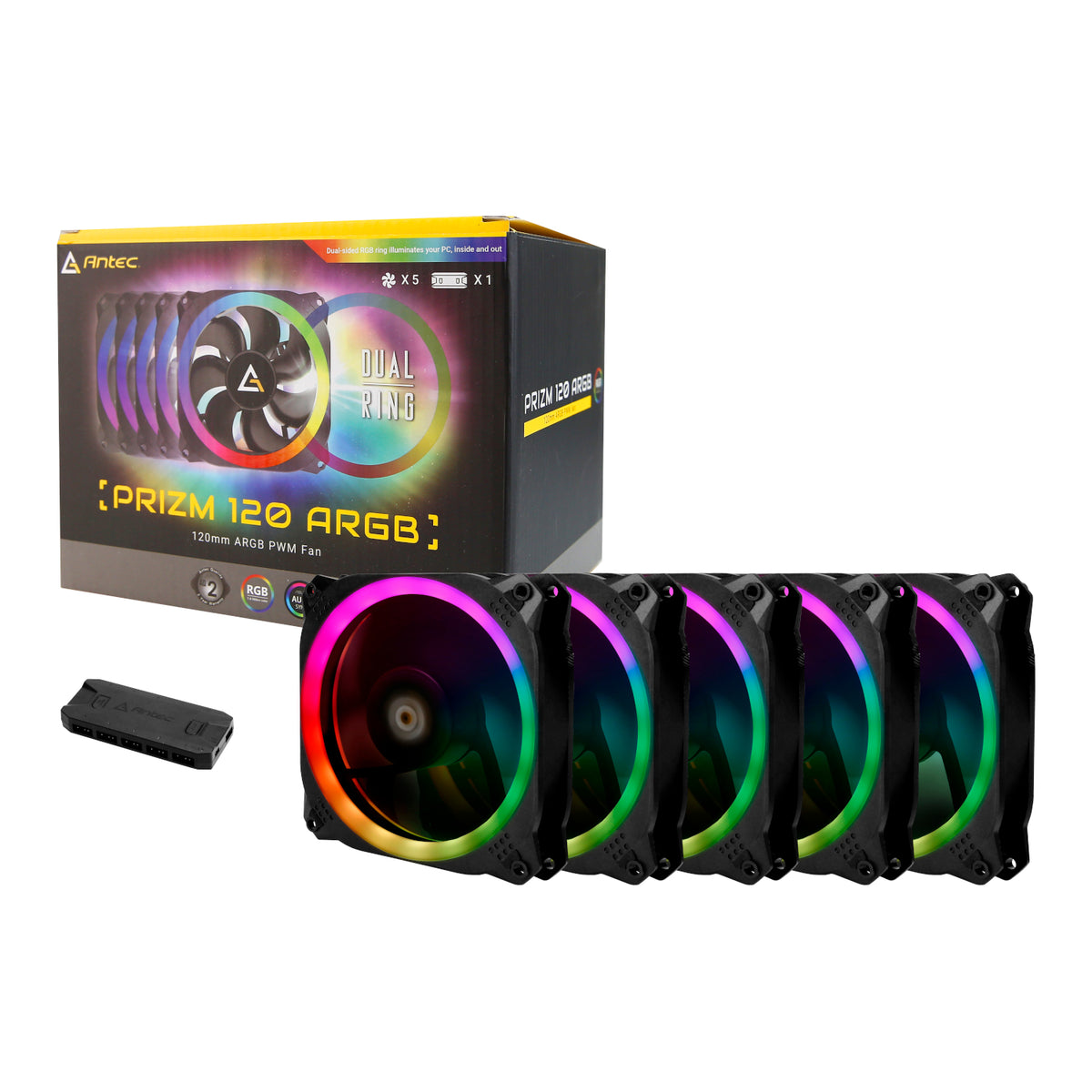 Antec Prizm 120 ARGB Case Fan 5 Pack + Controller – Black - Unboxed