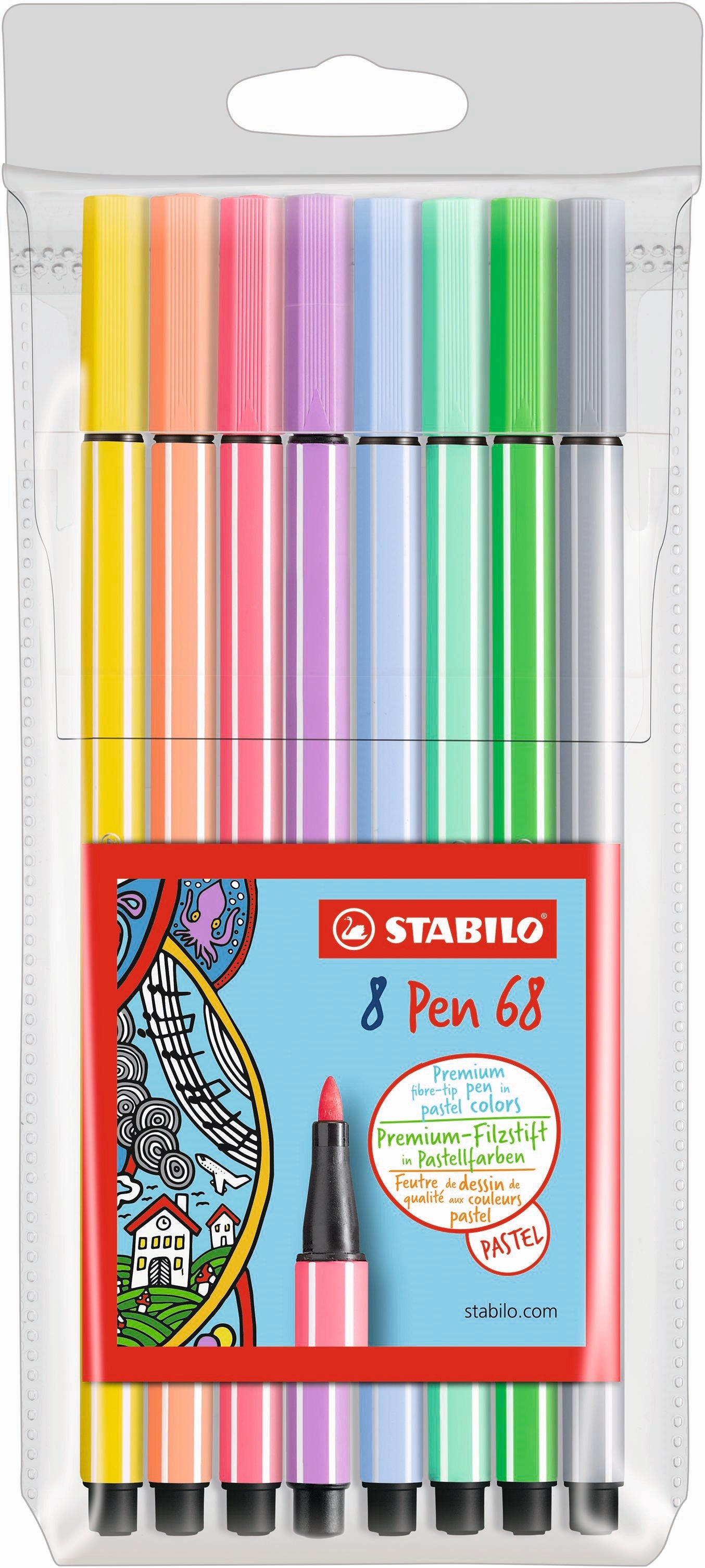 STABILO Pen 68 Fibre-tip Pen Assorted Pastel Wallet 8's