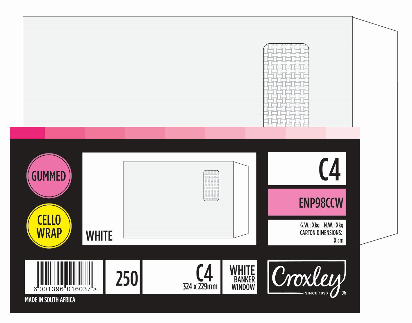 CROXLEY JD98CCW C4 White Window Envelopes - Unbanded (Box of 250)