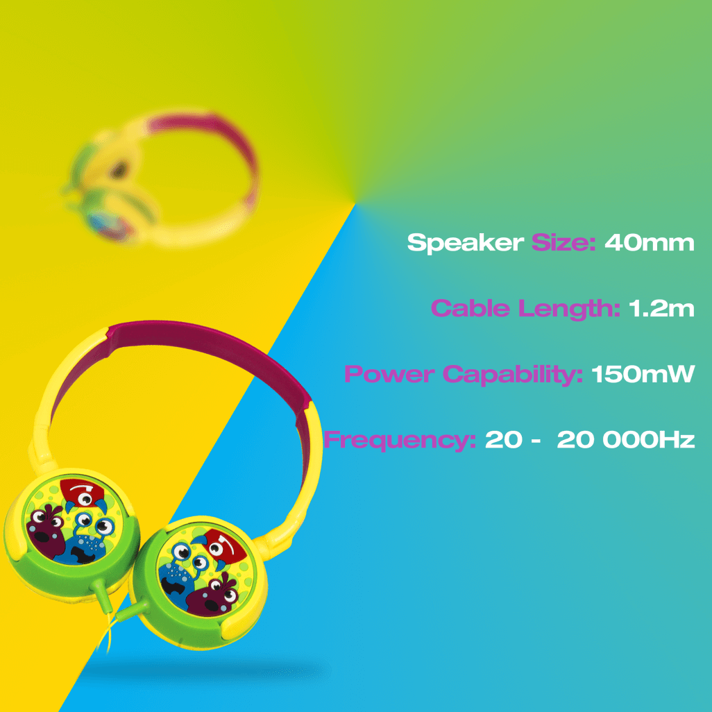 Amplify Kiddies Monsta Tunez Foldable Headphones with 40mm driver and cozy design for kids, featuring bright colors and safety.