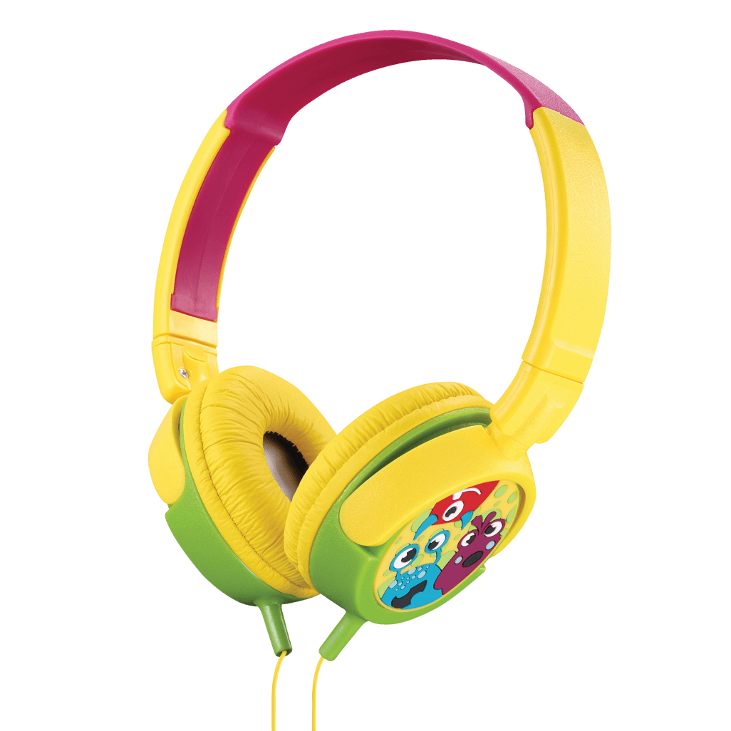 Amplify Kiddies Monsta Tunez Foldable Headphones in bright yellow, green, and pink, designed for comfort and safe listening for children.