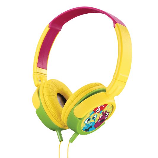 Amplify Kiddies Monsta Tunez Foldable Headphones in bright yellow, green, and pink, designed for comfort and safe listening for children.