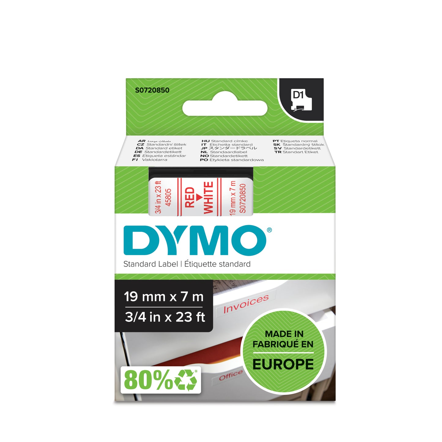 DYMO D1 Labelling Tape -  Removable Polyester - Red on White - 19mmx7m