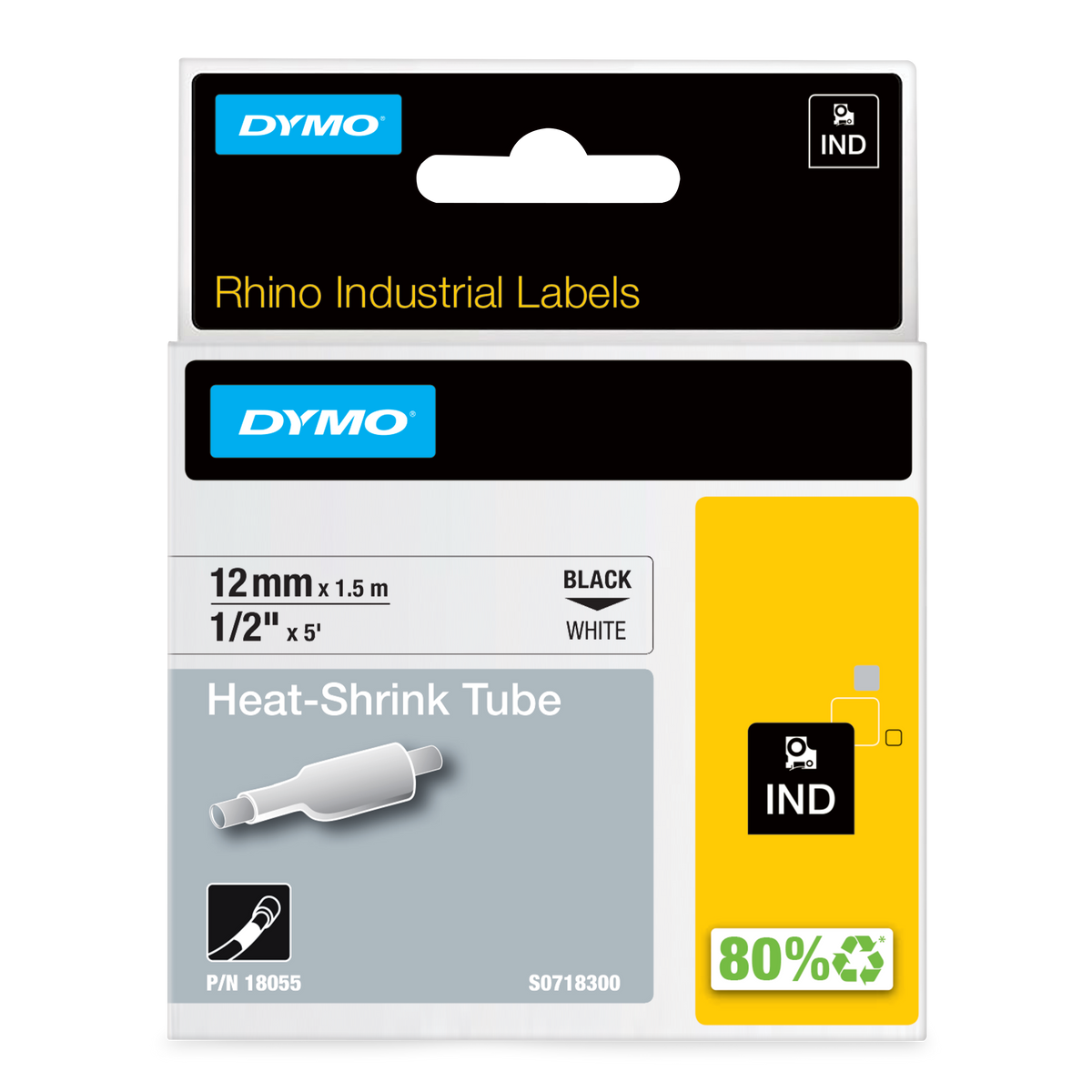 DYMO D1 Labelling Tape - Heat Shrink Tube - Black on White - 12mmx1.5m