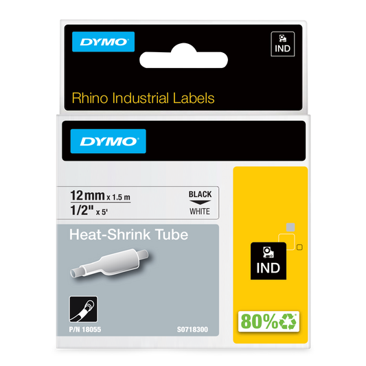 DYMO D1 Labelling Tape - Heat Shrink Tube - Black on White - 12mmx1.5m