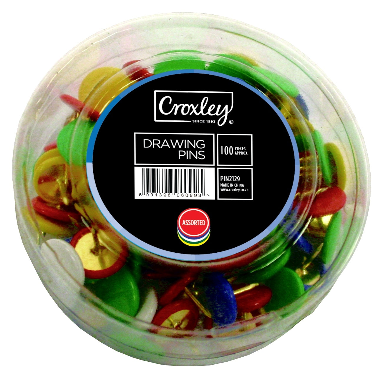 CROXLEY 11mm Drawing Pins (Assorted Colours) (Tub of 100 Pins)