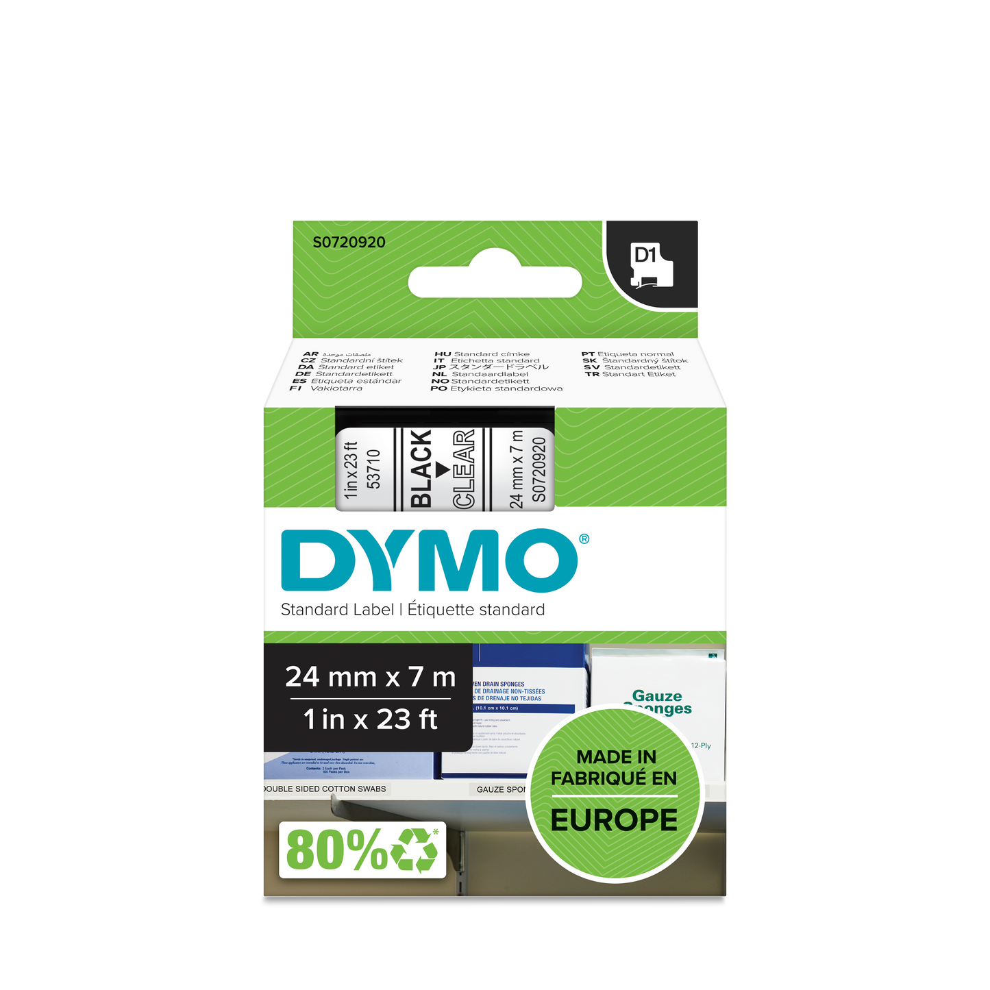 DYMO D1 Labelling Tape -  Removable Polyester - Black on Clear - 24mmx7m