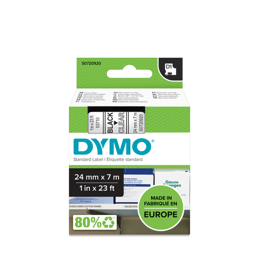 DYMO D1 Labelling Tape -  Removable Polyester - Black on Clear - 24mmx7m