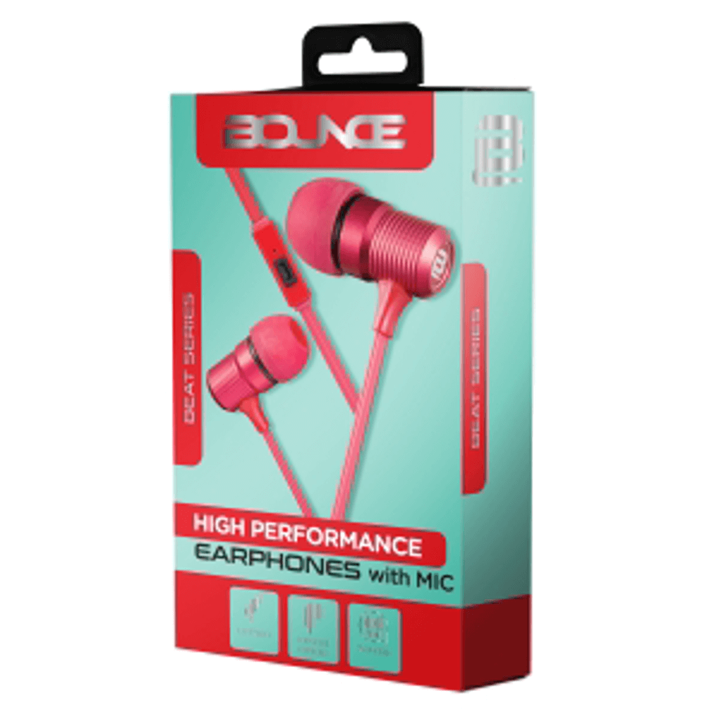 Bounce Beat series red earphones with mic, offering high performance and organic sound quality.