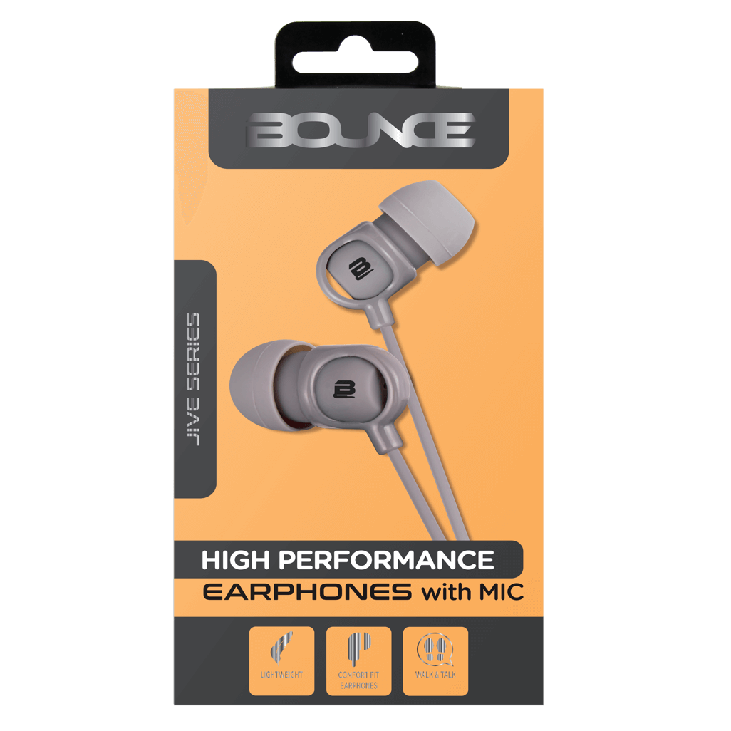 Bounce Jive Grey earphones with mic, high performance, organic sound quality, ideal for concerts.