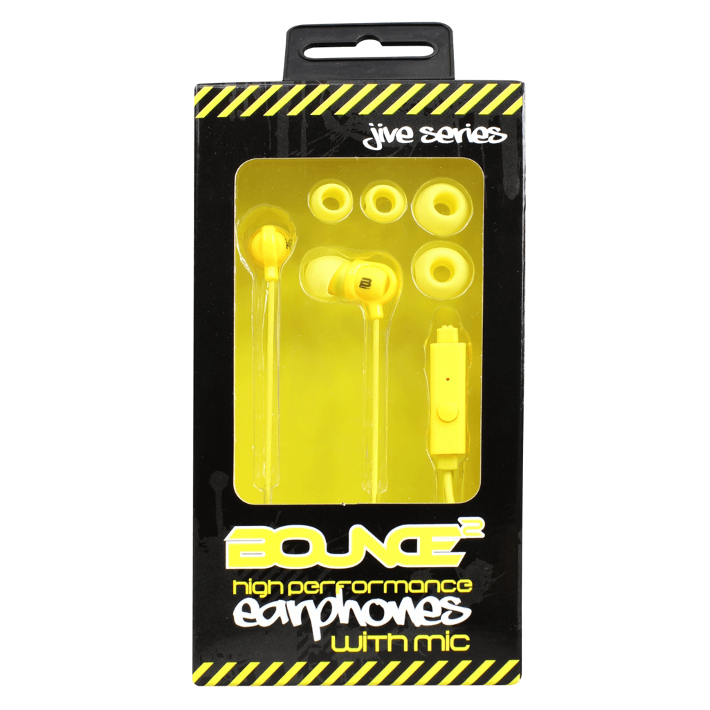 Bounce Jive with mic yellow earphones, high-performance design, includes organic earbuds for optimal sound quality.