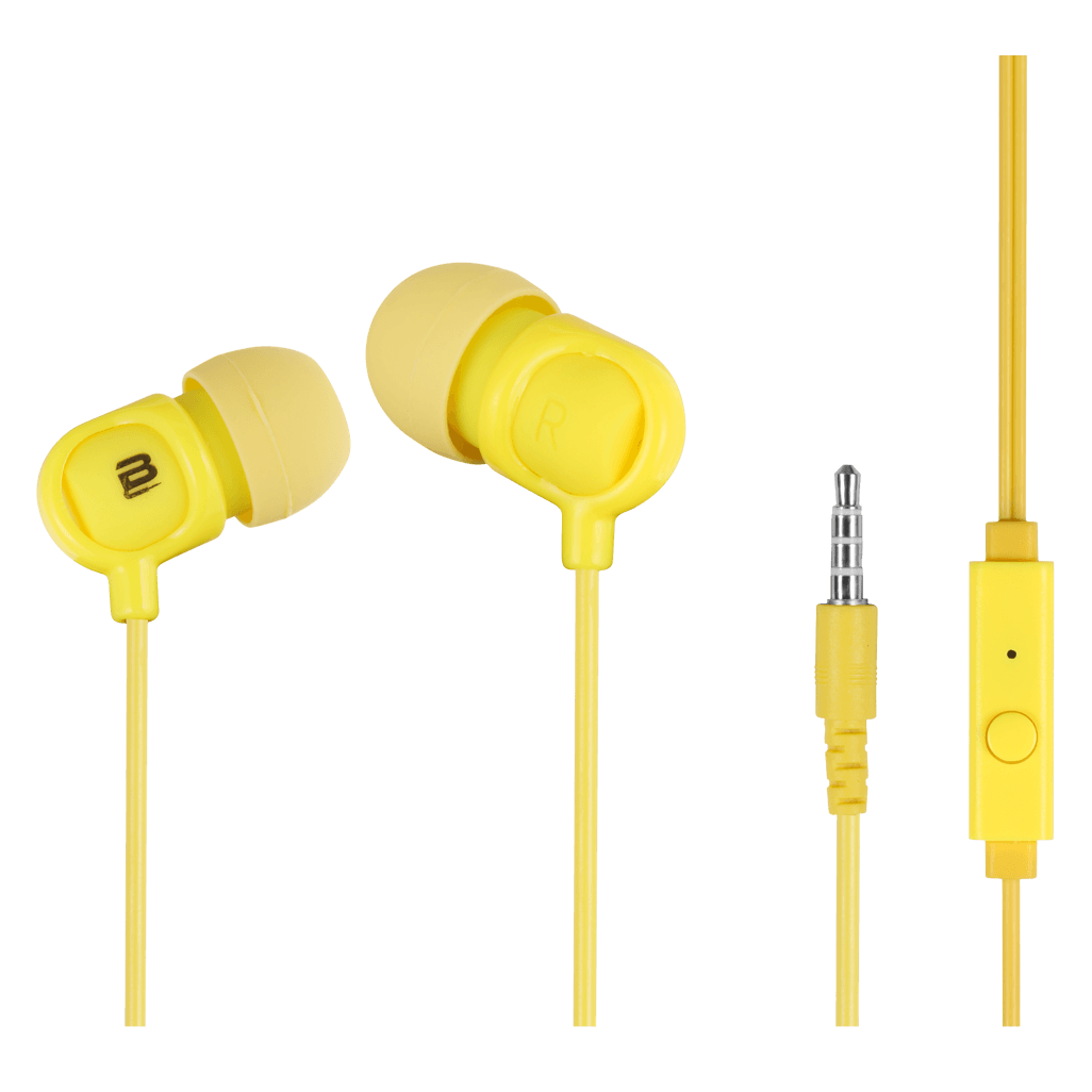 Bounce Jive organic yellow earphones with microphone, featuring a sleek design for vibrant sound.