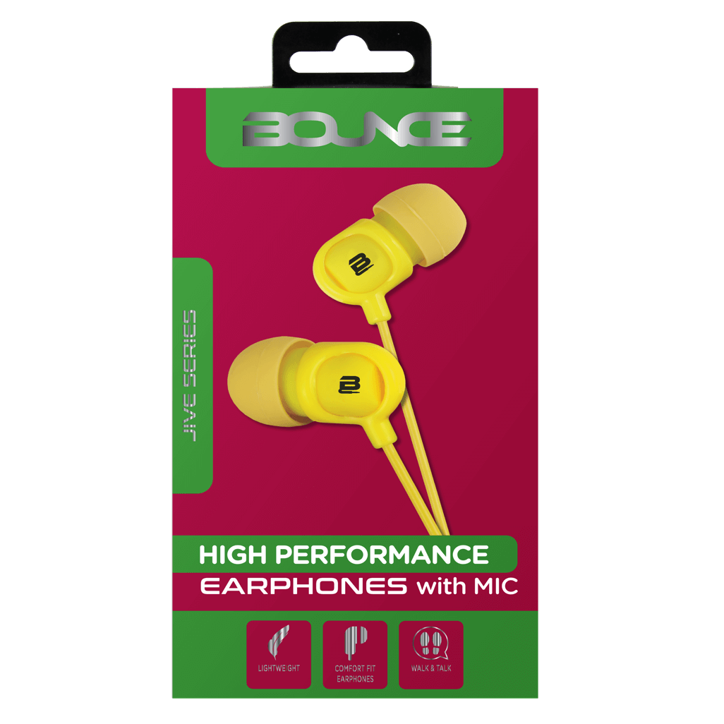 Bounce Jive yellow earphones with mic, high performance, organic materials, lightweight and comfort fit.