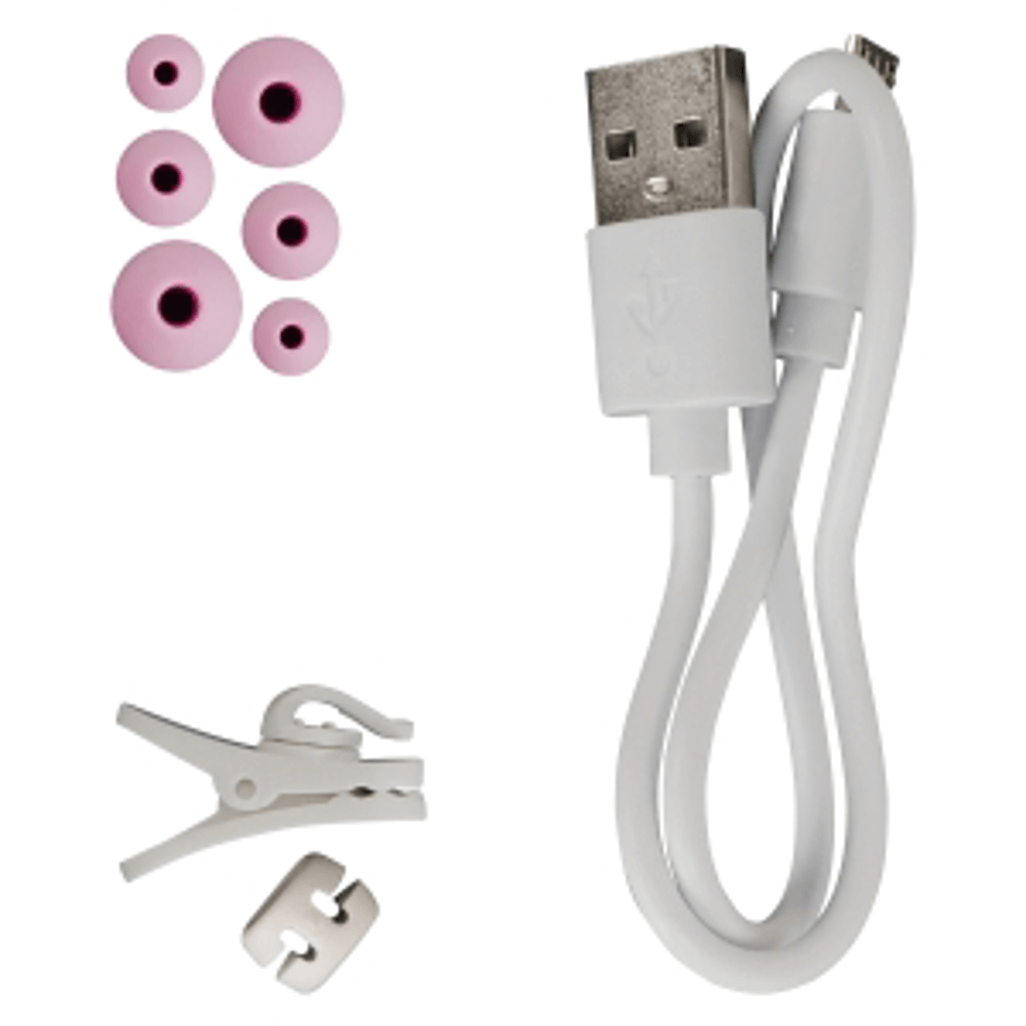 Accessories for Bounce 'Shake Series Bluetooth earphones: pink ear tips, USB cable, and clips for secure wearing.